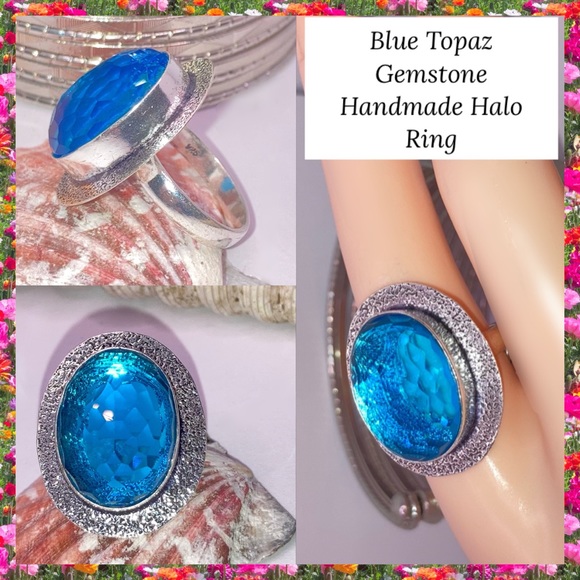 Sparkling Blue Topaz Gemstone Handmade Halo Ring - Picture 1 of 4